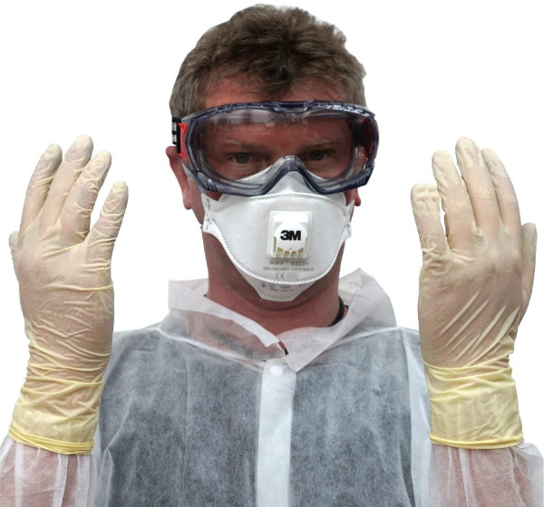 Sicherheitsset bestehend aus: Schutzbrille, Atemschutzmaske, Handschuhe und Schutzmantel Sicherheitsset DRY99 Schutzbrille Atemschutzmaske Handschuhe Schutzmantel